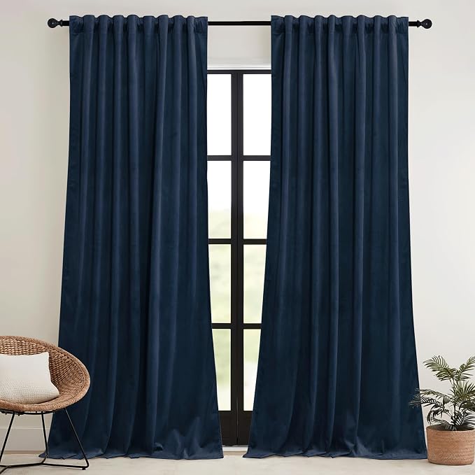 RYB HOME Navy Blue Velvet Curtains 84 inches- Velevt Blackout Curtains for Bedroom, Thermal Insulated Noise Reducing Panels Soft Luxury Window Decor, Navy Blue, W52 x L84 inches, 2 Panels