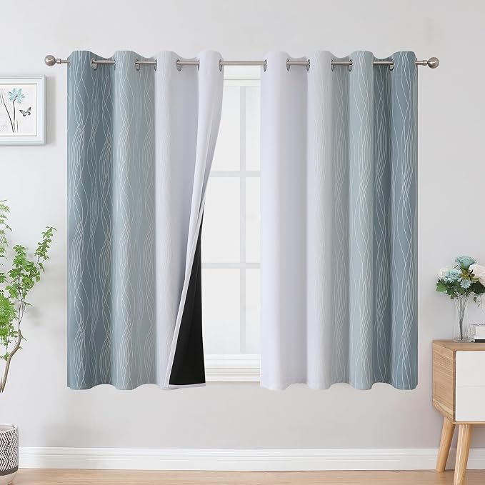Estelar Textiler Stone Blue and Greyish White Blackout Curtains 45 Inch Length 2 Panels, Light Blocking Gradient Drapes for Bedroom, Thermal Insulated Grommet Ombre Curtains for Bathroom,52Wx45L