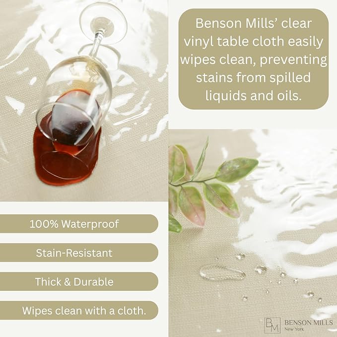 Benson Mills Heavy Duty Crystal Clear Plastic 100% Waterproof Tablecloth Protector, Vinyl PVC Table Cloth, Oil Spill Proof Wipe Clean Table Cover for Dining Tables (60" x 84" Rectangular/Oblong)