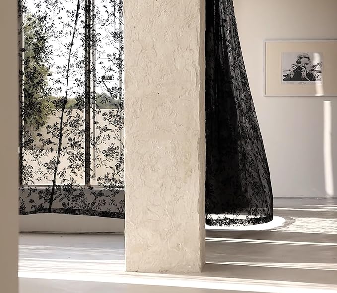 Treatmentex Black Floral Lace Curtains 63" Length for Bedroom, Exquisite 3D Floral Knitted Rose Sheer Window Drapes for Living Room, Studio. Modern Gothic Sheer Lace Curtains. 52" W 2Pack, Rod Pocket