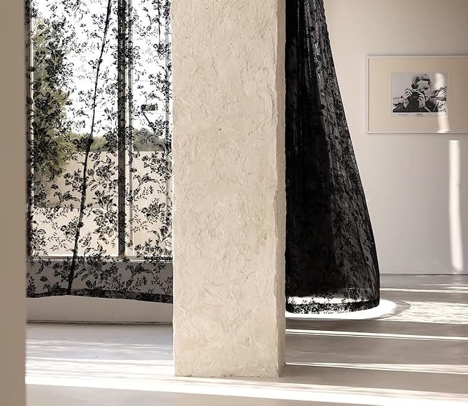 Black Floral Lace Curtains for Bedroom Living Room, 95" Length Long Vintage Delicate Rose and Leaf Embroidered Sheer Curtains, French Light Filtering Floral Window Drapes 52"w 2pcs Rod Pocket