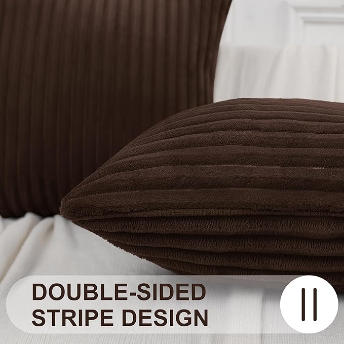 Simmore Decorative Fall Throw Pillow Covers 20x20 Set of 2, Soft Natural Plush Flannel Double-Sided Fluffy Couch Pillow Covers for Sofa Living Room, Brown