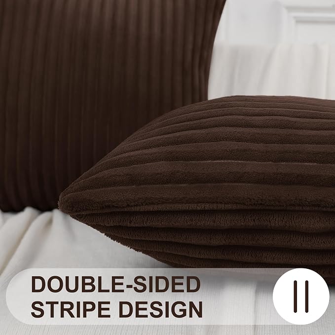 Simmore Decorative Fall Throw Pillow Covers 18x18 Set of 2, Soft Natural Plush Flannel Double-Sided Fluffy Couch Pillow Covers for Sofa Living Room, Brown