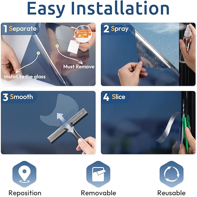 rabbitgoo One Way Privacy Window Film Window Tint for Home with Tools, UV Blocking Heat Control Static Cling No Glue, Daytime Privacy See Out Not in, 35.4 in X 13.1 Feet, Blue Silver