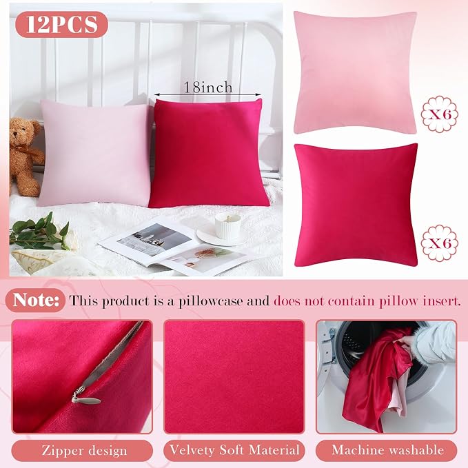 Berlune 12 Pcs Pink Picnic Velvet Throw Pillow Covers 18" x 18" Hot Pink Decorative Cushion Cases Soft Pillowcase Coquette Party Accessories Couch Sofa Bed Picnic Chair Home Decor, No Inserts