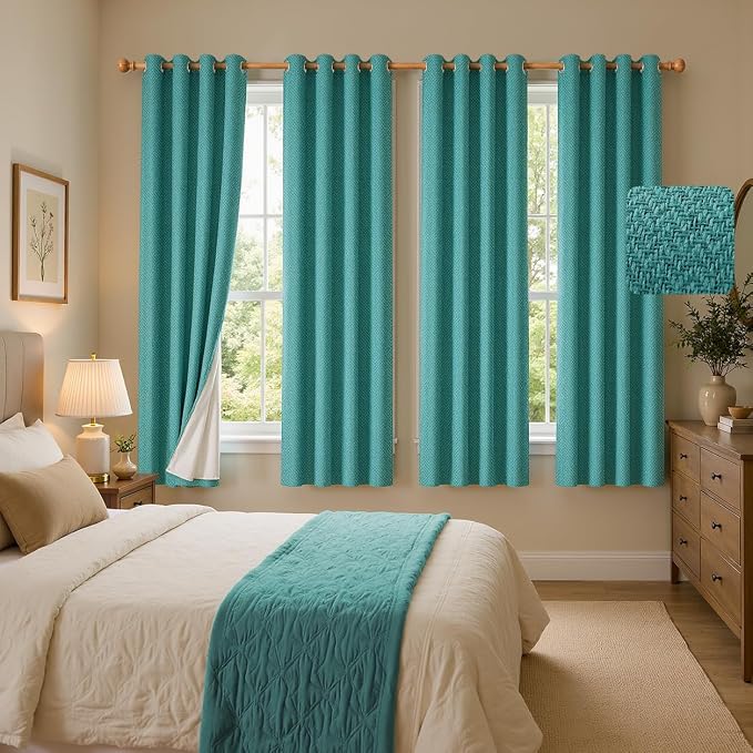 4 Panels 100% Blackout Linen-Textured Curtains, Thick Thermal Insulated Grommet Drapes with Subtle Herringbone Weave, Luxury Decor for Bedroom/Living Room, 54 x 63 Inches, Teal