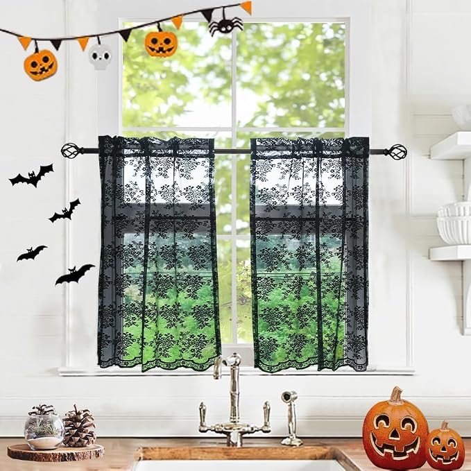 YJ YANJUN Vintage Lace Curtains 30 Inch Length 2 Panels Floral Halloween Goth Cafe Curtains for Bathroom Laundry Room Basement Kitchen Small Window Gothic Window Toppers 26 W x 30 L Black