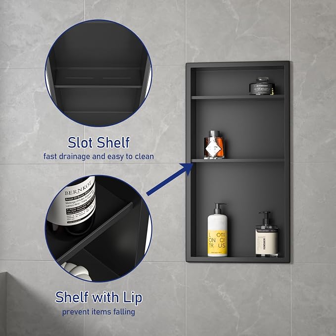 Stainless Steel Shower Niche 24" X 12" Matte Black No Tile Needed Vertical Niche Shower with Three-Tier Shelves Recessed Wall Niches for Bathroom Storage Over Mount Installation