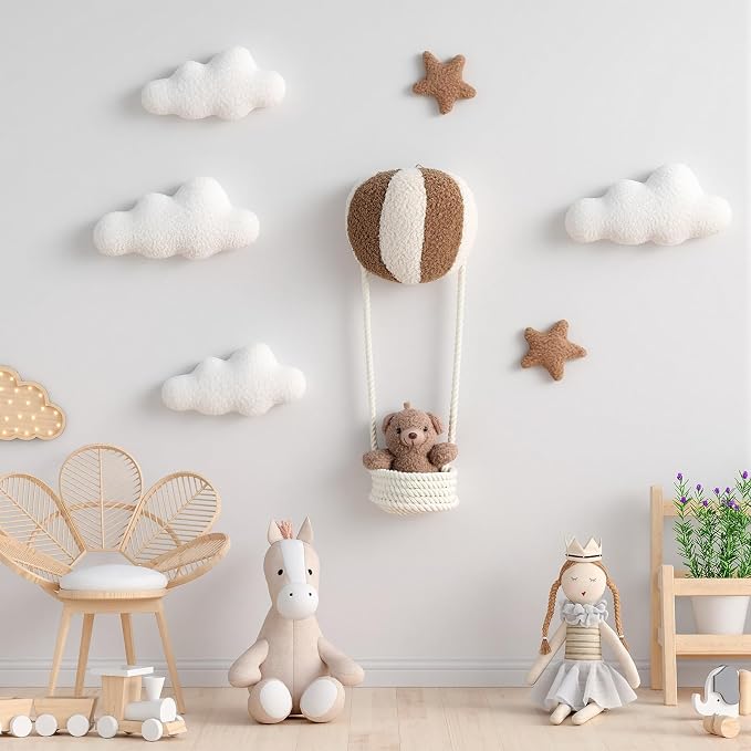 Chumia 7 Pcs Teddy Bear Nursery Wall Decor Hot Air Balloon Nursery Wall Art with Clouds Star Soft Plush Baby Room Decor Gender Neutral for Bedroom Playroom Decoration