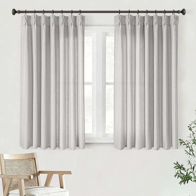 Grey Pinch Pleated Linen Curtains 45 Inch Length 2 Panels for Living Room Bedroom Textured Grey Semi Sheer Drapes Pinch Pleat Rings Window Curtain 40x45
