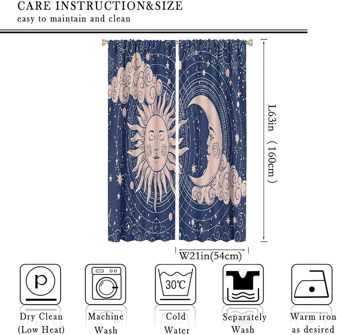 Sun Moon Blackout Windows Curtains, Boho Celestial Bodies Gold Sun Moon and Stars Pattern Window Drapes, for Living Room Bedroom 42x63in 2 Panels