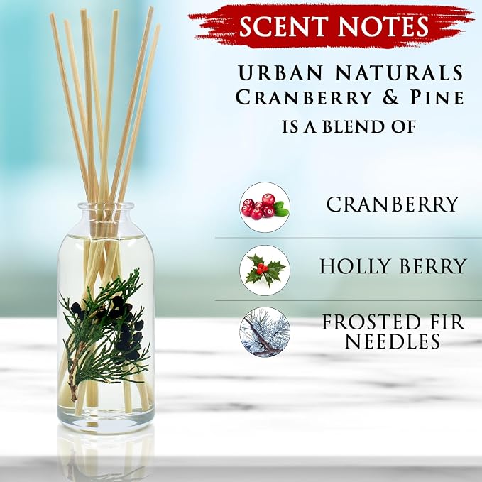 Urban Naturals Reed Diffuser Set, Cranberry & Pine - Bathroom Shelf Décor | Holiday Wreath with Real Botanicals, Christmas Gift Idea for the Home