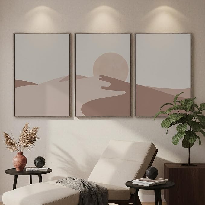 Large Framed Neutral Earth Tone Desert Wall Art for Living Room, 3 Piece Abstract Minimalist Sunset Landscape Canvas Artwork for Walls, Mid Century Modern Boho Wall Decor for Bedroom Hallway, 24x36 In
