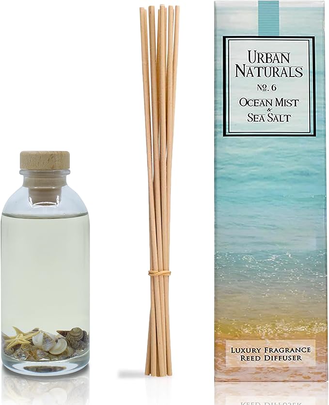 Urban Naturals Reed Diffuser Set, Ocean Mist & Sea Salt - Bathroom Décor | Made with Essential Oils & Real Seashells, Decorative Air Freshener Room Diffuser