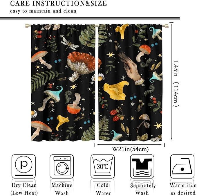 Retro Mushroom Curtains, Boho Rustic Vintage Botanical Mushroom Gothic Witch Wildflower Plant Print Blackout Window Treatments for Living Room Bedroom Kitchen 42x45 Inch