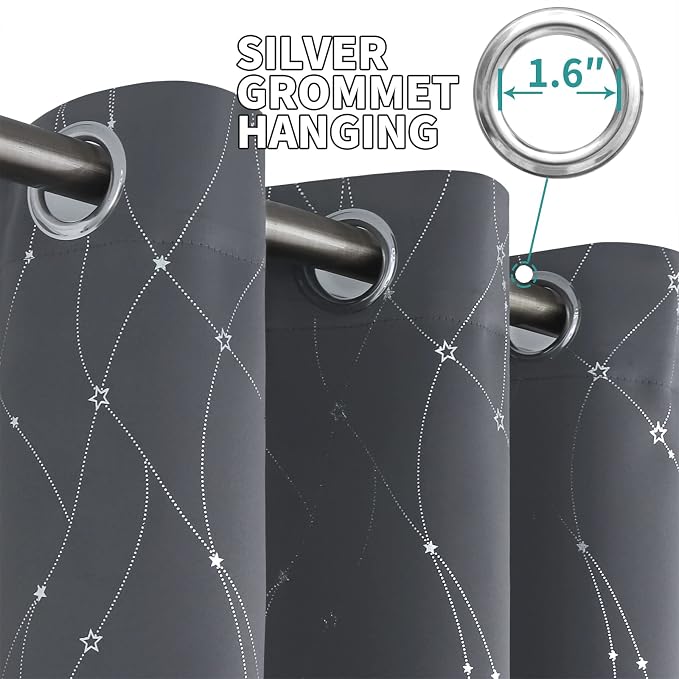 BGment Star & Lines Grey Blackout Curtains 84 Inch Length 2 Panels Set, Thermal Insulated Privacy Grommet Window Drapes for Kids Boys Bedroom, 52 x 84 Inch