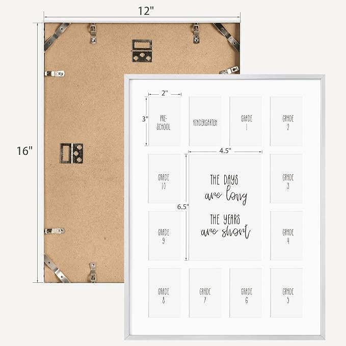 12x16 School Picture Frame K-12, Collage Frame for School Years, Silver | Sleek Silver K-12 Frame with 13 Openings: One 5x7 & Twelve 2.5x3.5 for Pre-K to 12th Grade | Wall Kit Included