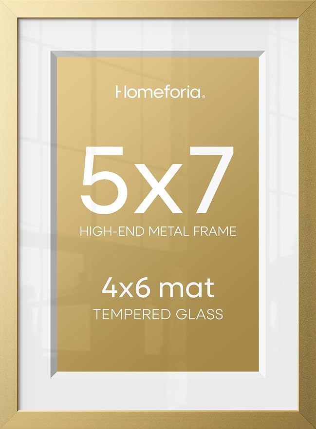 Homeforia 5x7 Picture Frame Gold, High End Metal 5 x 7 Gold Frames with Mat 4 x 6 for Print, 5by7 Desk Frame Matted to 4x6 inch Photo, 5 by 7 Wall or Tabletop Frame, Tempered Glass, Wall Kit, Set of 1