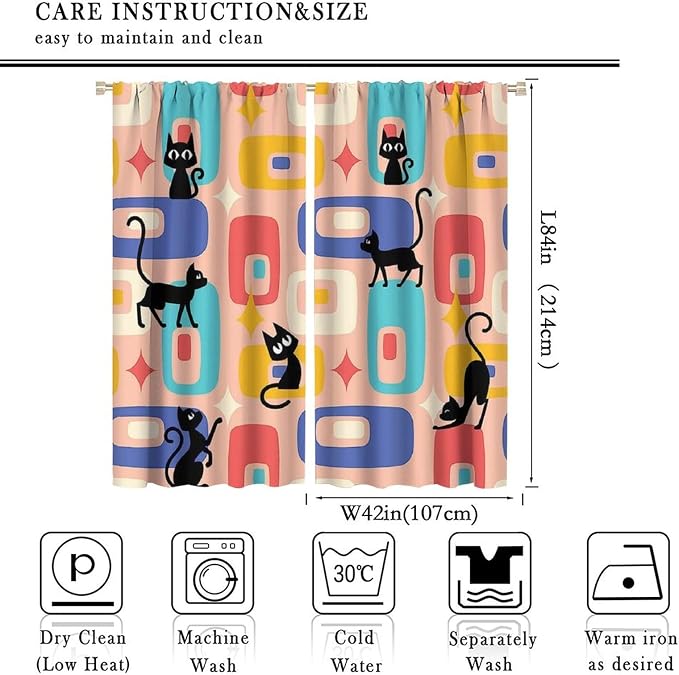 JESTRONRY Mid Century Style Curtains, Black Cat Modern Abstract Geometric 1950s 60s Vintage Colorful Blackout Rod Pocket Window Drapes for Living Room Bedroom Home Decor 84x84in