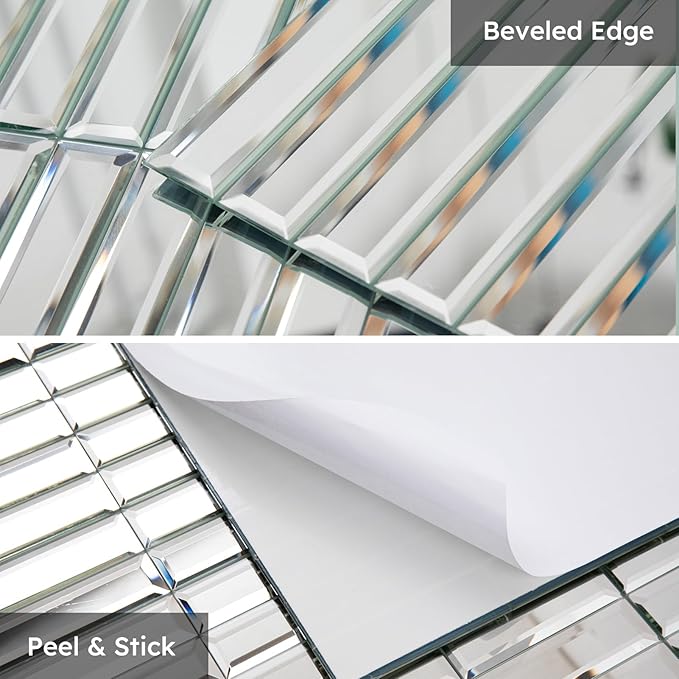 Diflart Mirror Peel and Stick Tile, 1.8 x 11.8 Inch, Beveled Mirror Strip Backsplash Tiles for Kitchen Bathroom Bar Accent Wall, Pack of 5 Sheets (Silver, 1.18x11.8 Inch)
