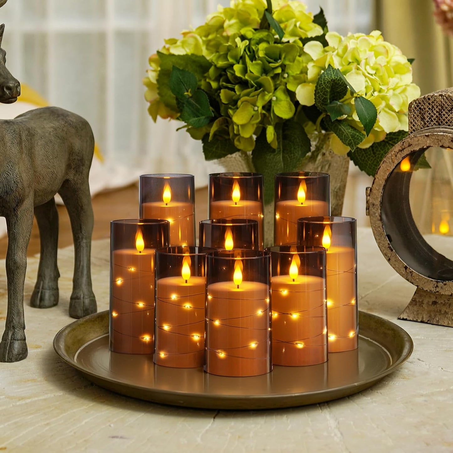 Homemory 9 Pcs Flameless Candles with Embedded Star String Fairy Lights, Battery Operated Candles, LED Fake Candles with Remote Control and Timer, Gray Acrylic