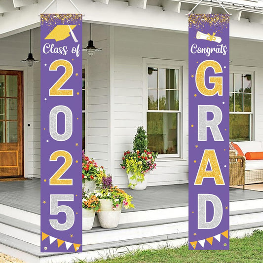 Graduation Decorations 2025 GRAD Banner Purple Porch Door Sign Welcome Banner For Indoor Outdoor Wall Graduation Decorations Class of 2025