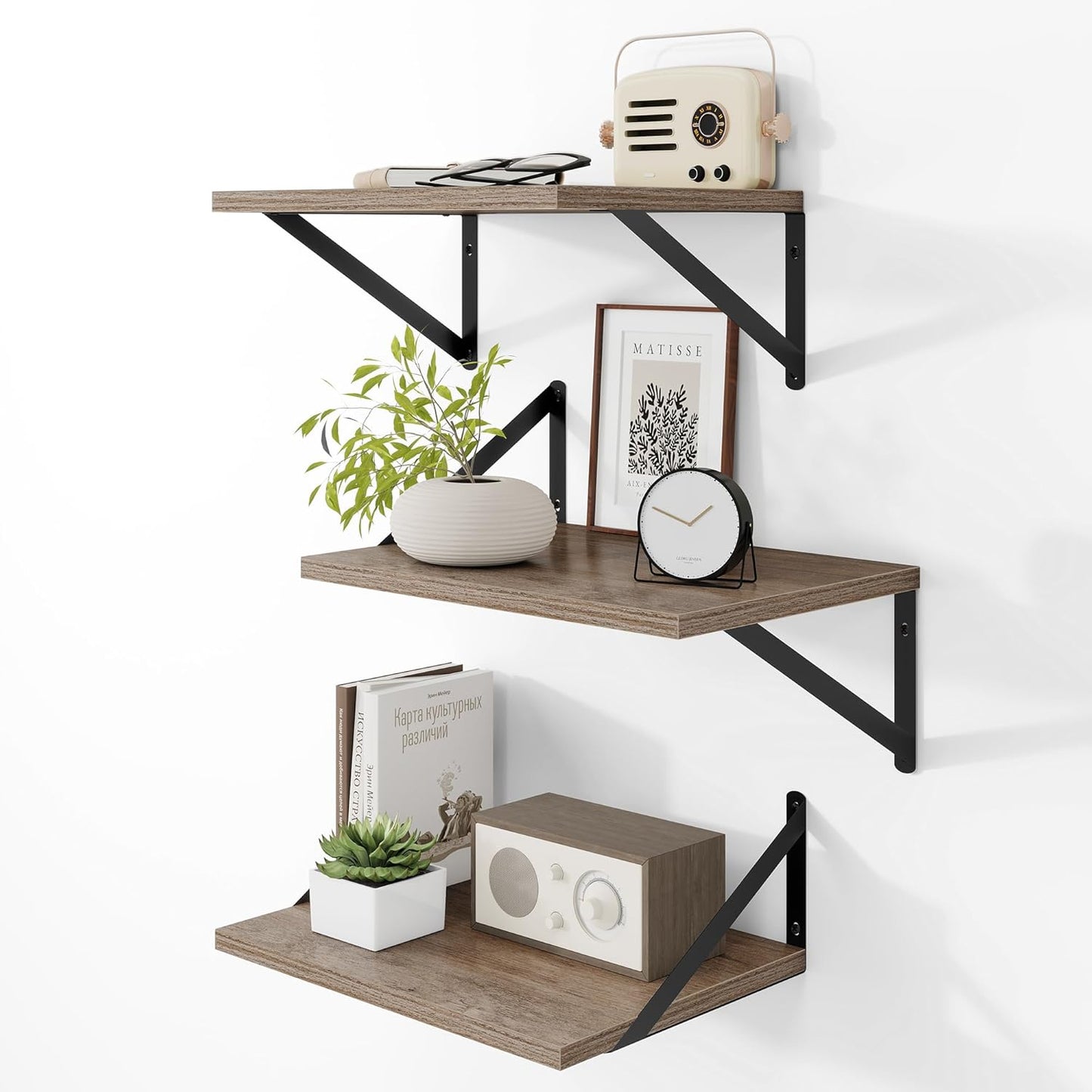 Heimlove Deep Floating Shelves for Wall, 12 Inch Deep Floating Shelves Set of 3, 16W x 12D Wood Wall Shelves, Wide Wood Shelves with Metal Bracket for Living Room, Kitchen, Office, Bedroom - Grey