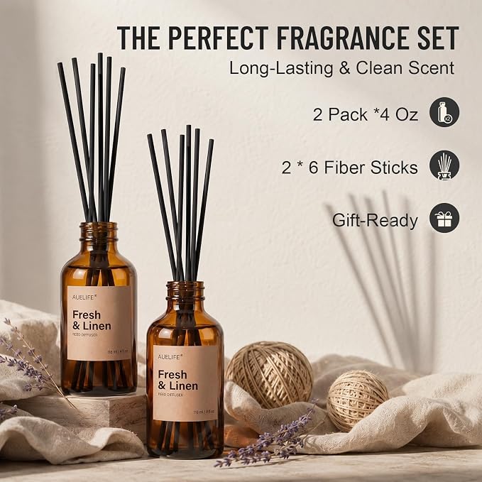 Auelife Reed Diffuser Set, Fresh & Linen 2 Pack 8 Fl Oz Scented Diffuser with Fiber Sticks, Home Fragrance Reed Diffuser for Bathroom Decor, Bedroom, Office & Housewarming Gift