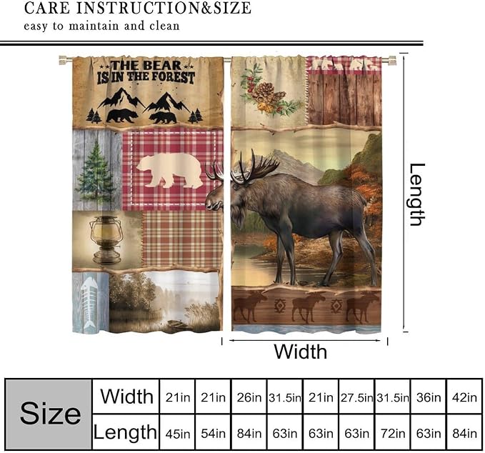 Vintage Hunting Deer Blackout Curtains Farmhouse Rural Natural Patchwork Forest Hunting Cabin Plaid Pine Cone Elk Animal Windows Treatments Rod Pocket for Kitchen Living Room Bedroom 52x84in