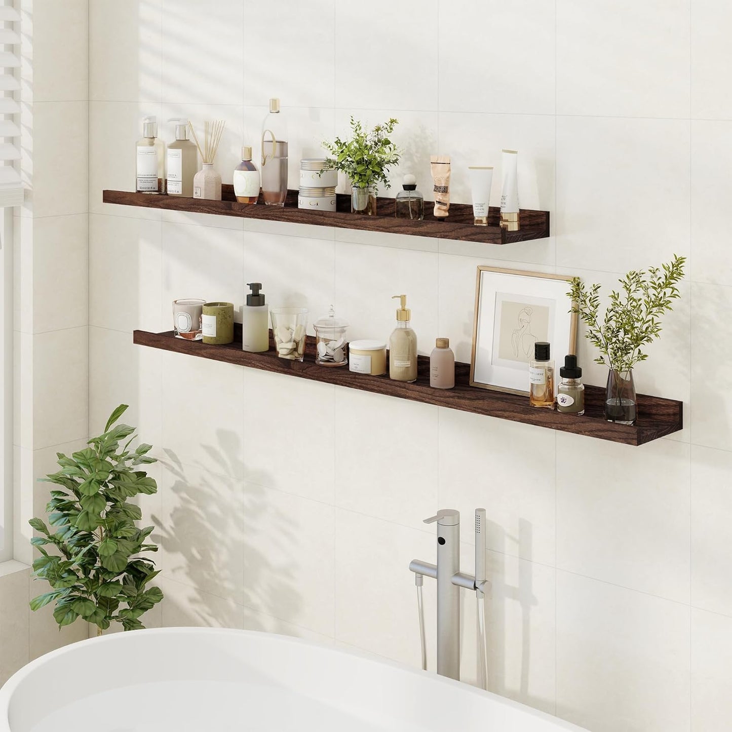 Floating Picture Ledge Shelves 48 Inch Solid Oak Wood Set of 2, Rustic Wall Storage Shelves with Lip, Kids Bookshelf, Photo & Picture Ledge Shelves for Bedroom, Living Room, Kitchen