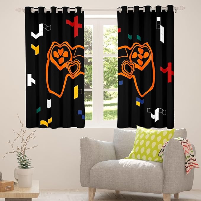 Feelyou Kids Gamer Window Curtains Geometric Gaming Darkening Drapes Game Blackout Curtains Boys Girls Gamepad Teens Window Treatments Bedroom Decor (2 Panels, 52 x 96 Inch)