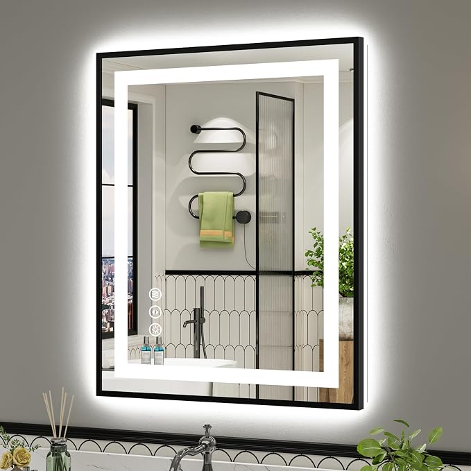 28X36 Inch LED Bathroom Mirror with Black Frame, Backlit & Front Lit, Anti-Fog Lighted Bathroom Vanity Mirror for Wall, Memory Function, Dimmable, HD Tempered Glass, Shatter-Proof