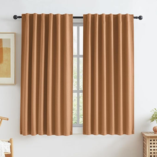 KEQIAOSUOCAI Burnt Orange Blackout Linen Curtains Short 2 Panels Set 45 Inch Length for Living Room Hook Belt Back Tab Boho Muted Ochre Orange Curtains for Bedroom W50 x L45