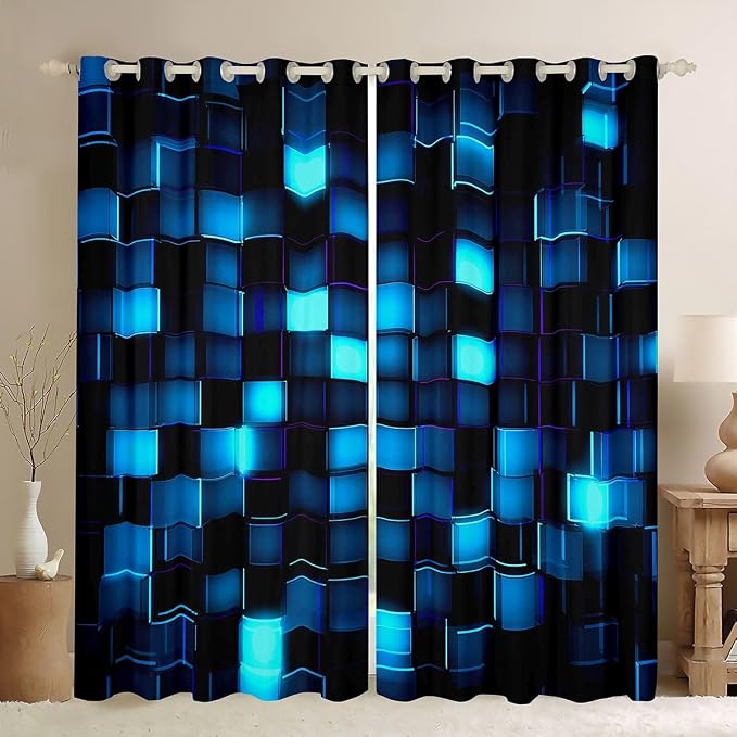 Castle Fairy Neon Blue Grid Window Curtain | Video Games Blackout Curtain for Men Bedroom Decor,Geometric Pixelated Block Curtains 3D Block Theme Living Room Top 2 Panels,52Wx63L