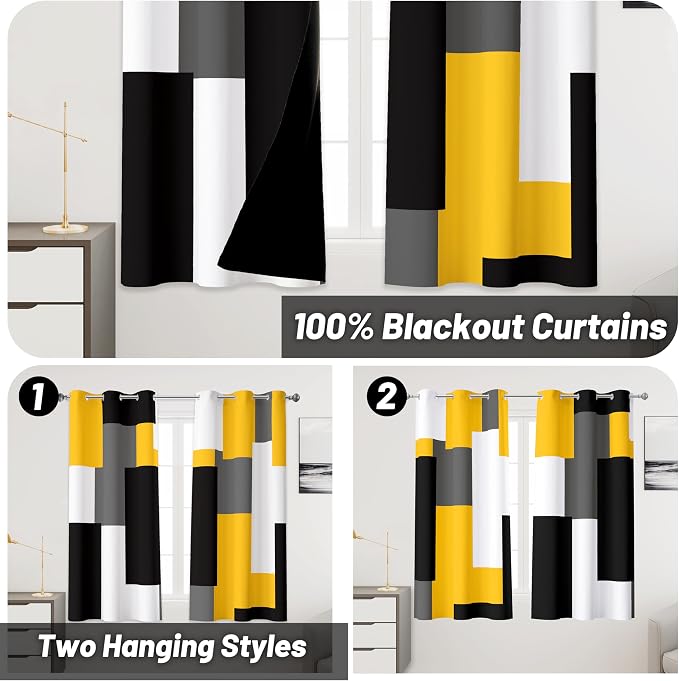 Tyrot Yellow 100% Blackout Curtains 45 inch Length 2 Panels Set Black White Grey Modern Abstract Geometric Drapes for Kitchen Black Out Curtains Insulated Room Darkening Small Window Curtains, 42Wx45L