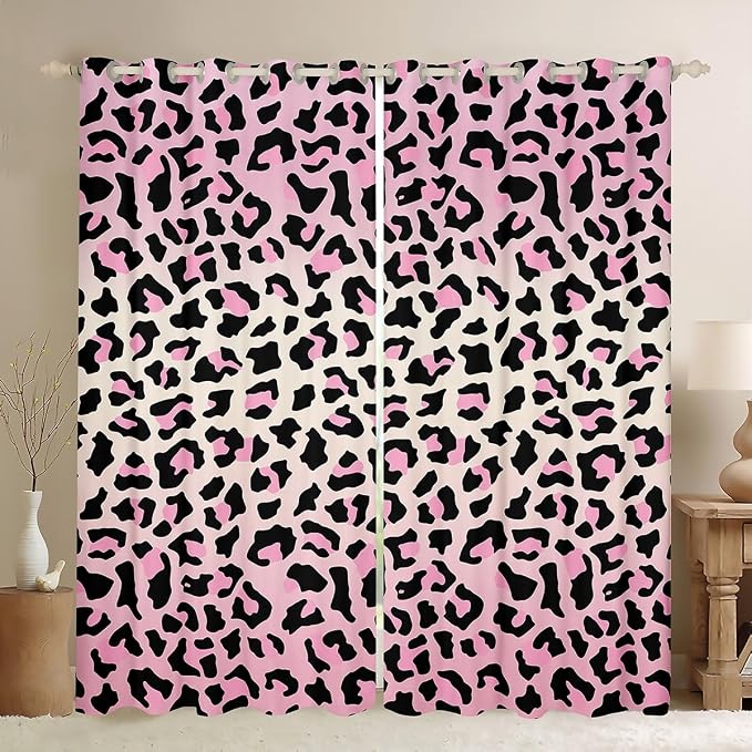 Feelyou Pink Leopard Room Darkening Blackout Curtain Cheetah Curtains for Bedroom Living Room Boys Girls Animal Print Blackout Curtains (2 Panels, 52 x 63 Inch) Safari Window Treatments