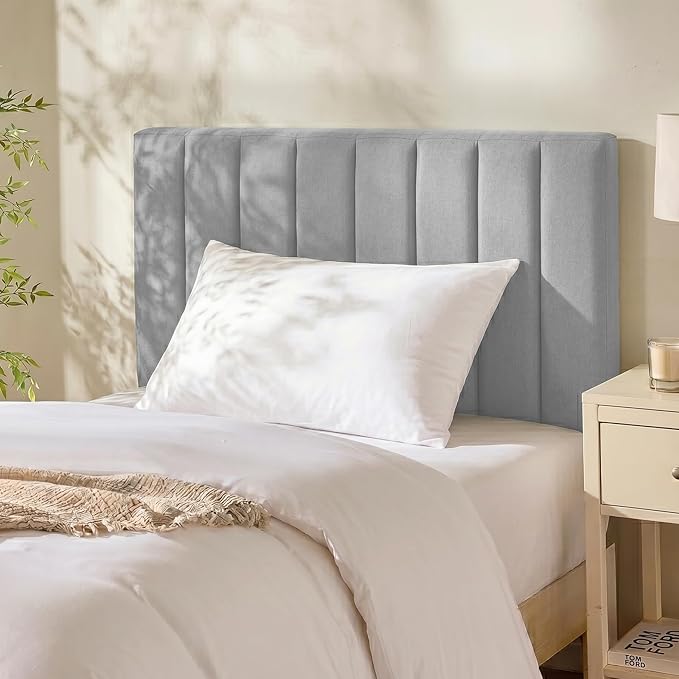 Hearth & Harbor Upholstered Twin Headboard - Easy Assemble Channel Stitched Headboard Twin Size - Wall Mounted Headboards with 3D Soundproof Wall Panels Peel & Stick Floating Headboards, Silver