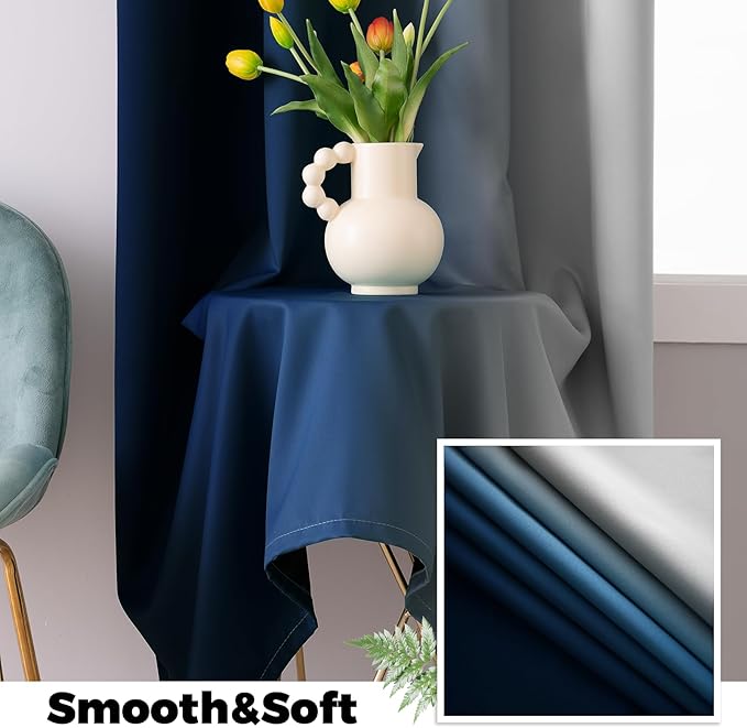 Yakamok 100% Blackout Curtains Ombre Blue Curtains for Bedroom 63 Inch | 2 Layers,Room Darkening Grommet Gradient Drapes,Light Blocking Thermal Insulated Window Curtains for Living Room 52W x 63 L