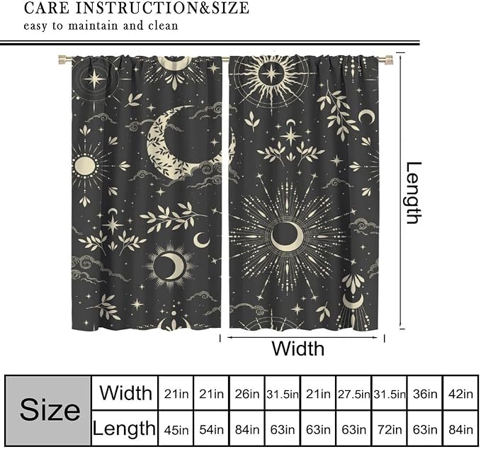 Golden Sun Moon Blackout Curtain, Bohemian Universe Sun Moon Clouds Stars Art Print Window Drapes, for Bedroom Living Room 55" W X 63" L