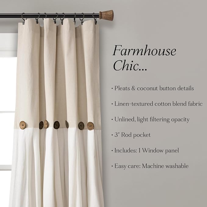 Lush Decor Linen Button Farmhouse Curtains, Single Panel, Pleated Two Tone Design 40" W x 63" L, Linen (Pack of 6)