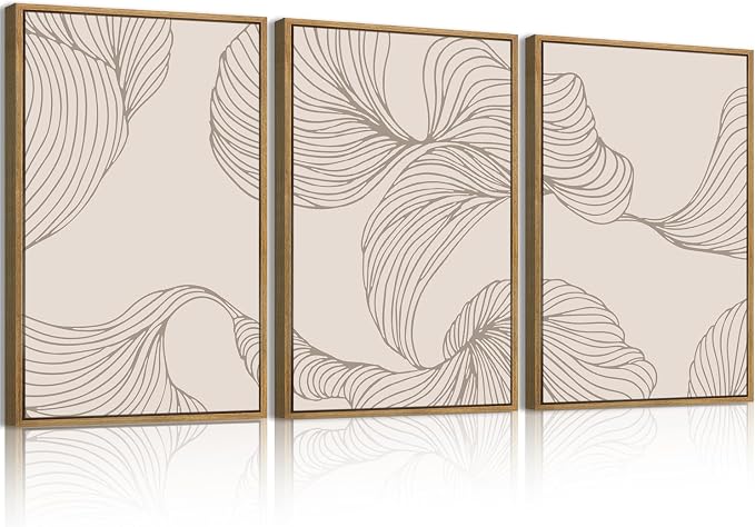 BINCUE Framed Neutral Beige Wall Art Modern Abstract Wall Decor Neutral Minimalist Artwork Modern Beige Wall Paintings Elegant Modern Art Prints for Living Room Bedroom Office 16x24 Inches Set of 3 Gift