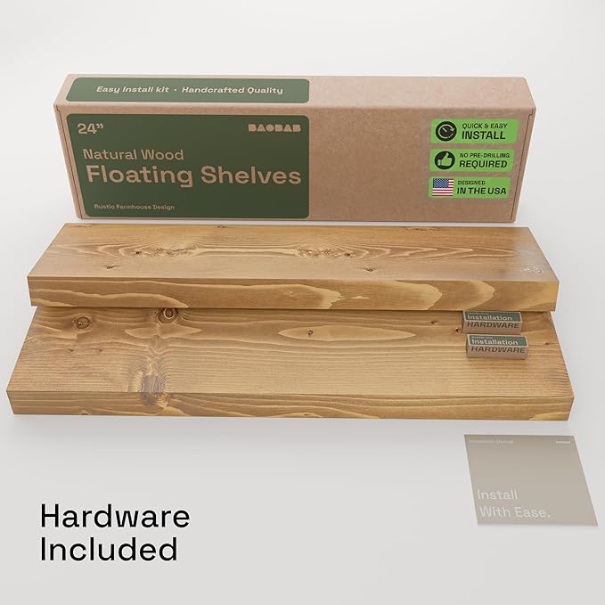 Natural Wood Floating Shelves for Wall 24 inch Oak, Wooden Bathroom Shelf | Solid Wood, Wall Mounted, Kitchen Bedroom Living Room, Rustic Farmhouse, Oak Finish, 24 x 6.7 Inch, Set of 2
