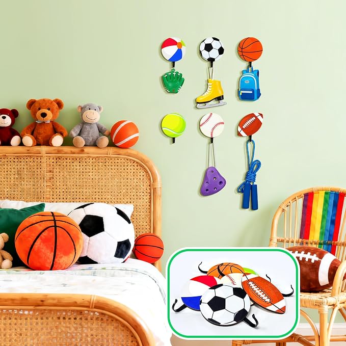 THEYGE Sports Coat Hooks for Boys Kids Bedroom Decor Basketball Baseball Football Soccer Wall Mount Decor Rack Hooks Wooden Towel Hook Key Backpack Mounted Hanger Clothes Hanging Hook Sports