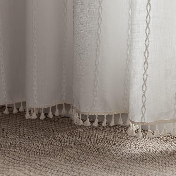 RoomTalks Extra Long White Boho Farmhouse Curtains for Bedroom Living Room 96 Inch Length 2 Panels Cute Textured Window Curtain Panels Embroidery Shabby Chic Tassel Draperies