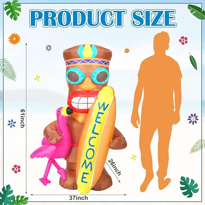 Shappy 5 FT Inflatable Tiki Flamingo Decoration with LED Lights, Hawaiian Luau Party Decor, Tropical Tiki Totem Blow Up for Summer Beach Party, Outdoor Yard Lawn Garden Decoration