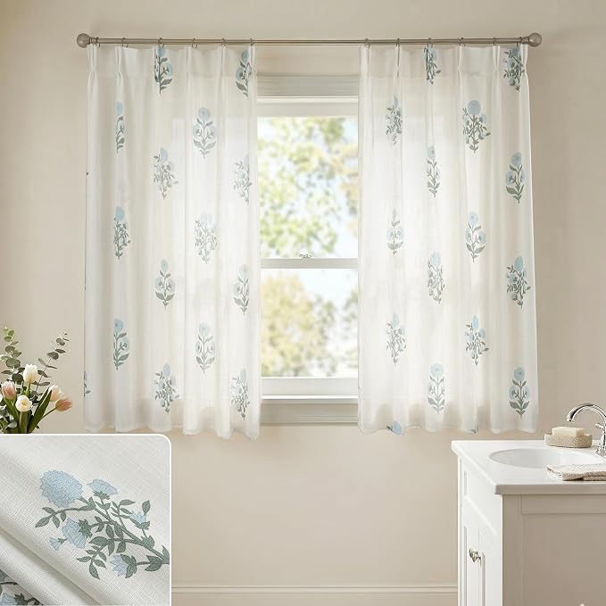 Lino Rosa Short Floral Curtains for Bathroom Window, 45 Inch Length Blue Green Block Print Patterned Pinched Pleated Linen Privacy Semi Sheer Drapes for Bedroom