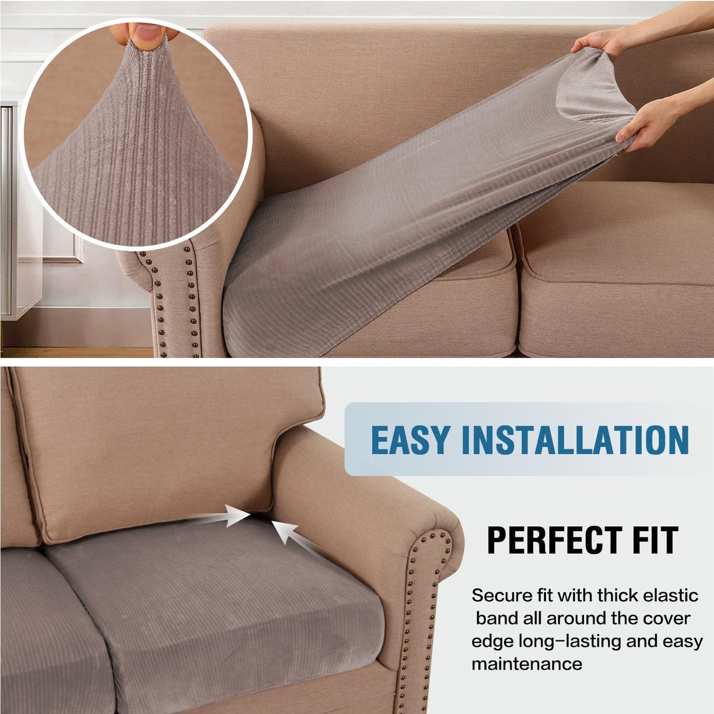 H.VERSAILTEX Velvet Stretch Couch Cushion Cover Plush Cushion Slipcover for Chair Cushion Furniture Protector Seat Cushion Sofa Cover (1 Piece Armchair Cushion Covers, Taupe Striped)