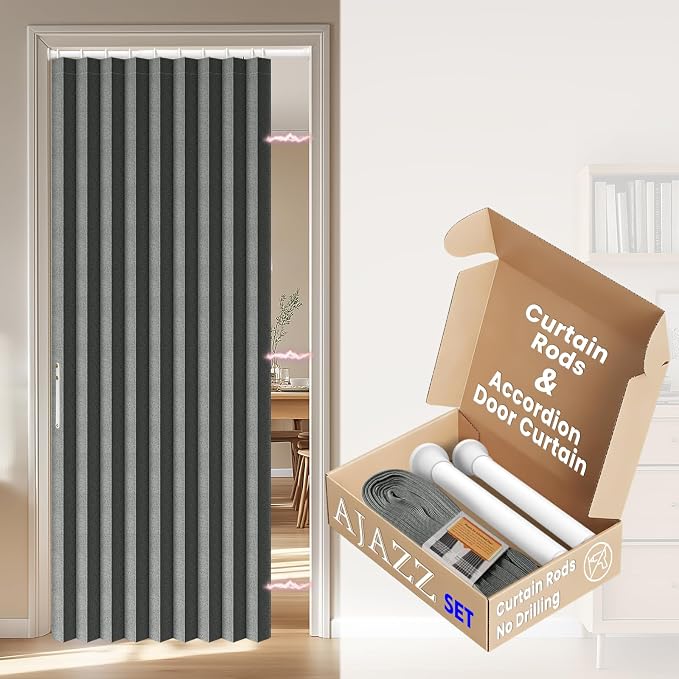 AJAZZ Blackout Accordion Door Invisible Accordion Doors Interior Magnetic Door Curtain for Bedroom Living Room Doorway Curtain Sets Included Rod (1 Pack, 54W x 78 L, Dark Grey)