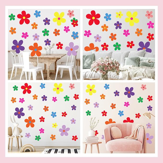 TaoBary 12 Sheet Daisy Wall Sticker Decal Removable Cute Daisy Bedroom Room Decor Flower Wall Sticker Pink White Flower Decal Wallpaper Peel and Stick for Nursery Home(Vivid Color,Exquisite Style)