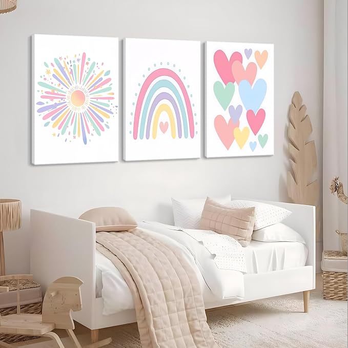 3 Piece Toddler Girl Room Decor Rainbow Decor for Girls Bedroom 12x16 Inch | Colorful Boho Sunshine Paintings for Nursery Decor, Kids Room Wall Decor, Classroom Decoration
